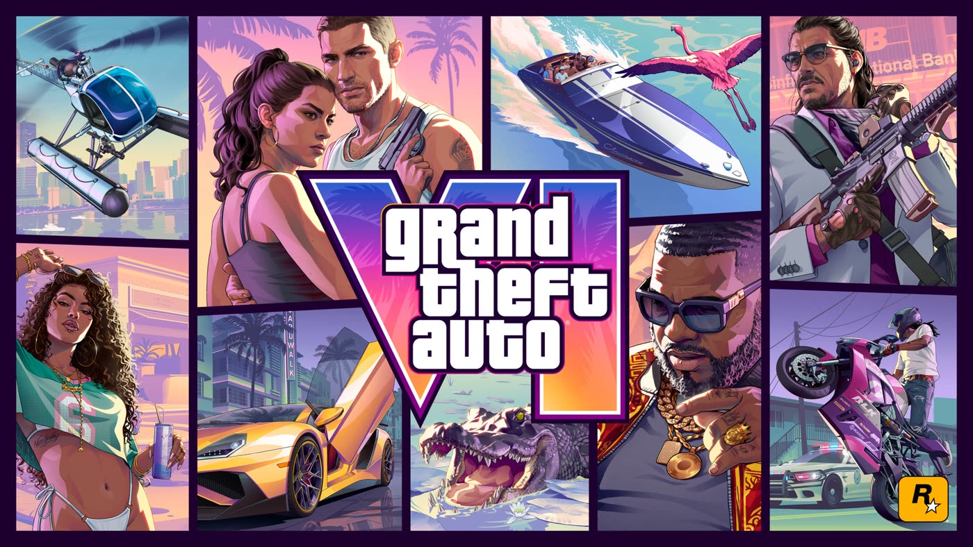 Official Grand Theft Auto VI cover artwork showing Jason and Lucia against the Vice City skyline