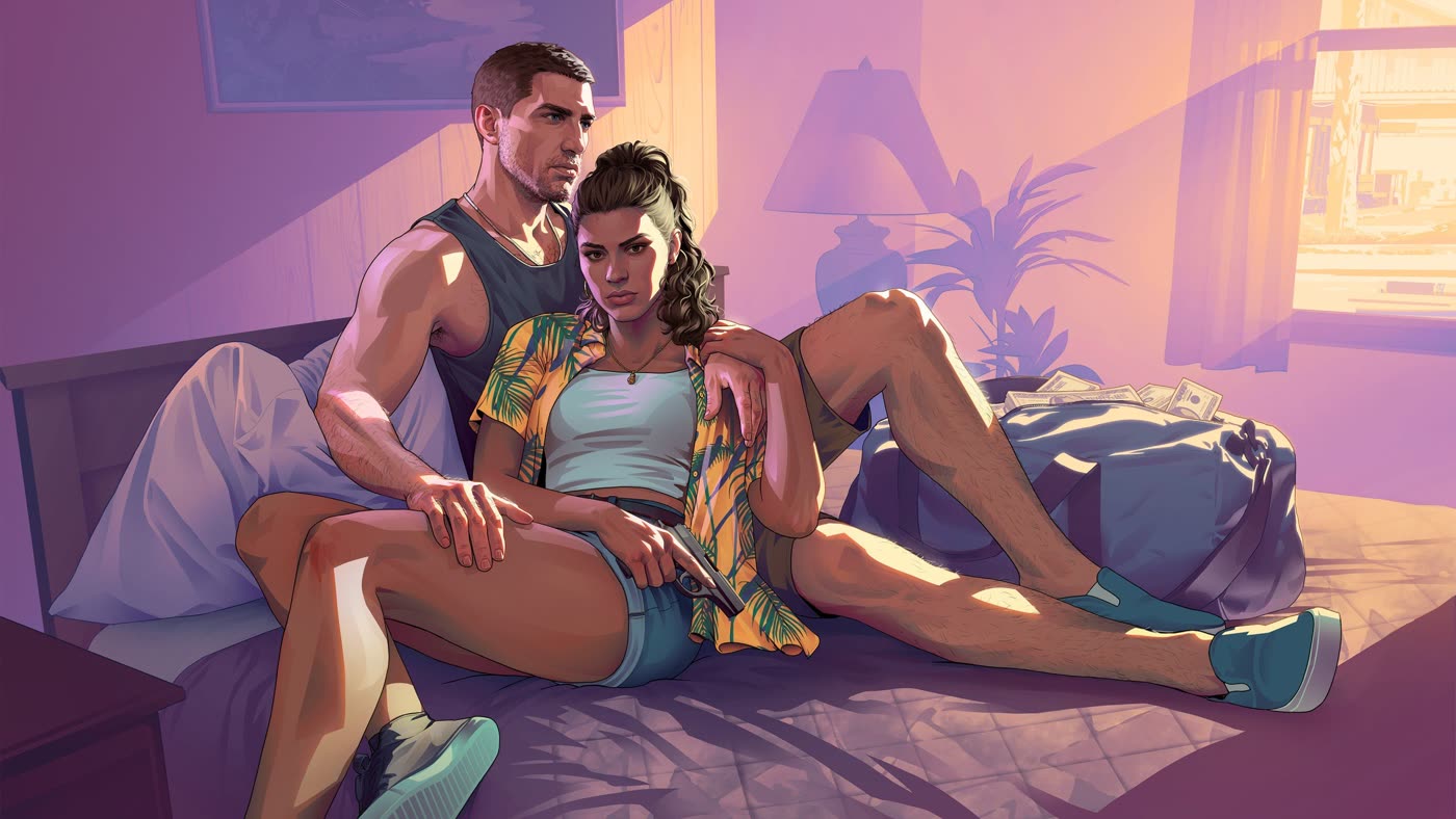 Official GTA 6 artwork — Jason and Lucia motel scene by Rockstar Games