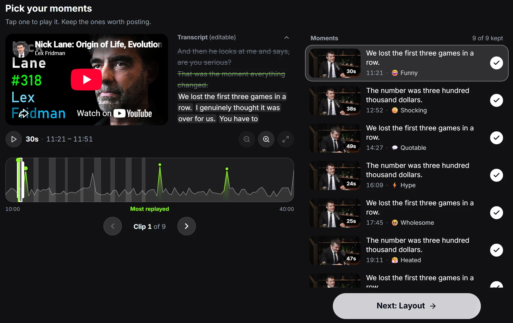 Zoupyu Pick your moments screen with transcript and moment list