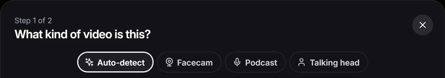 Layout choices: Auto-detect, Facecam, Podcast, Talking head