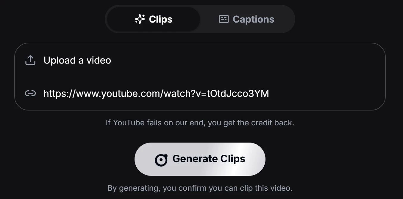 Zoupyu link box with a YouTube link pasted and the Generate Clips button