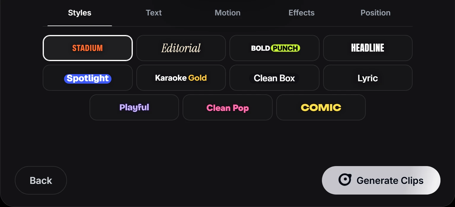 Caption styles and the Generate Clips button